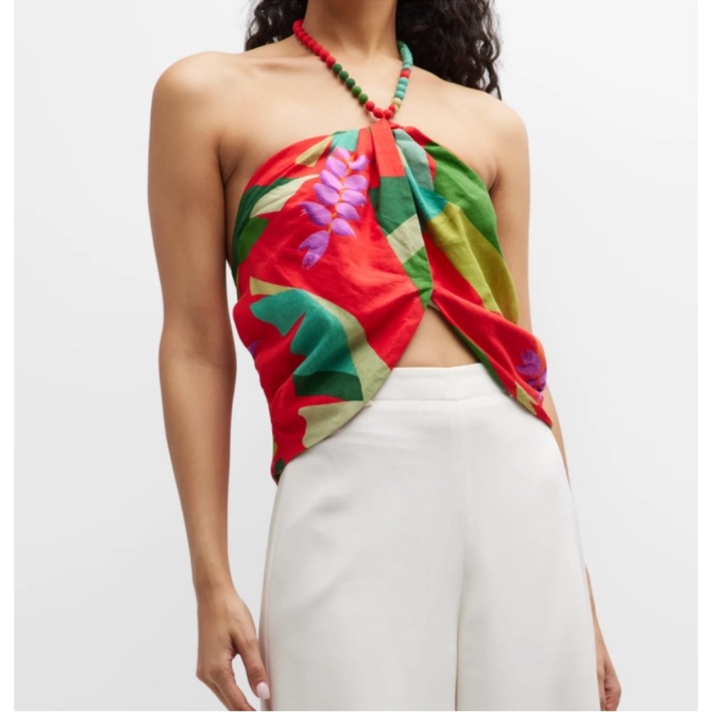 NWT $135 Farm Rio Heliconia Halter Crop Top in Heliconia Red - size medium